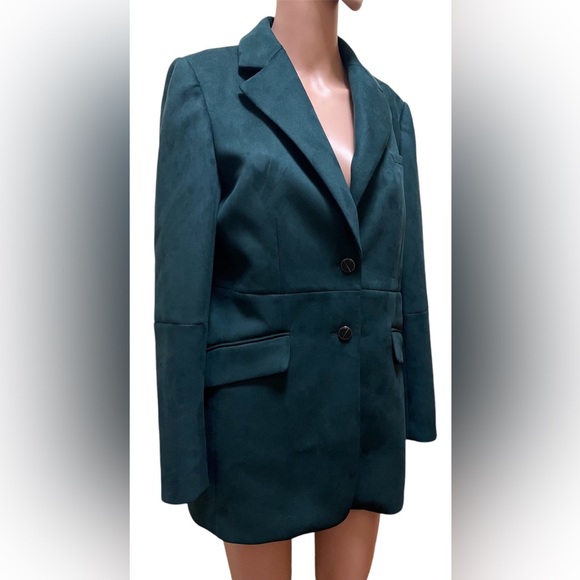 CALVIN KLEIN NOTCHED COLLAR BLAZER FAUX SUEDE GREEN WOMEN DOBLE BUTTON  SIZE S - Picture 1 of 10